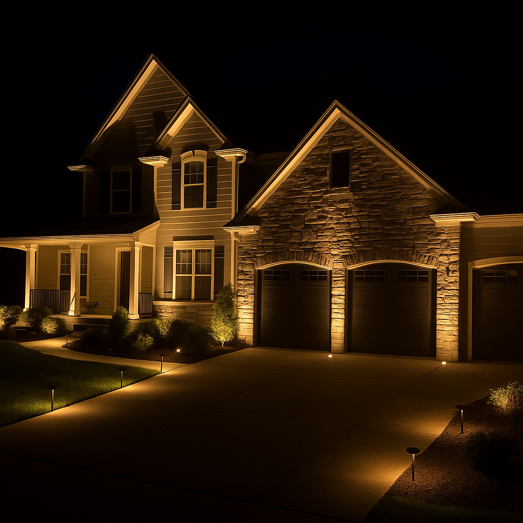 Landscape uplighting on a stone-and-siding home