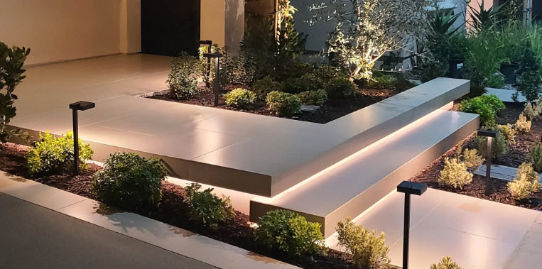 Modern architectural bench and garden lighting