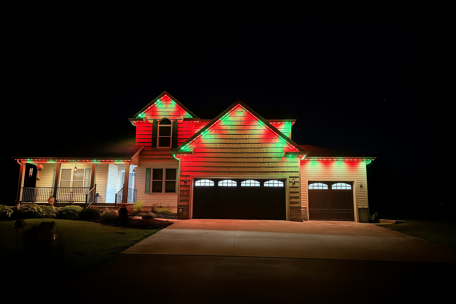 Home outlined in red and green holiday lighting