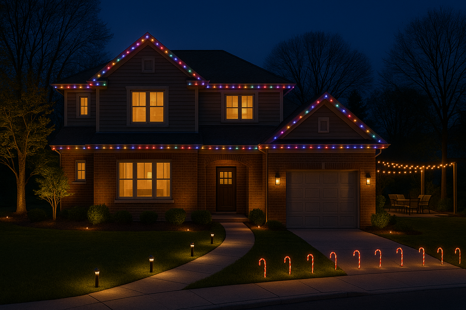 Home with full multicolor roofline and candy cane path lights