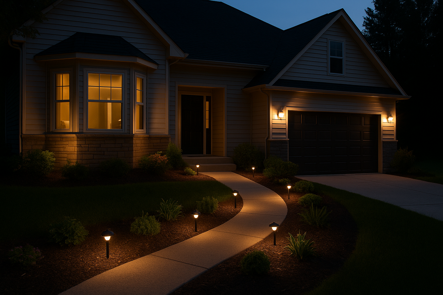 Pathway lighting leading to a front door