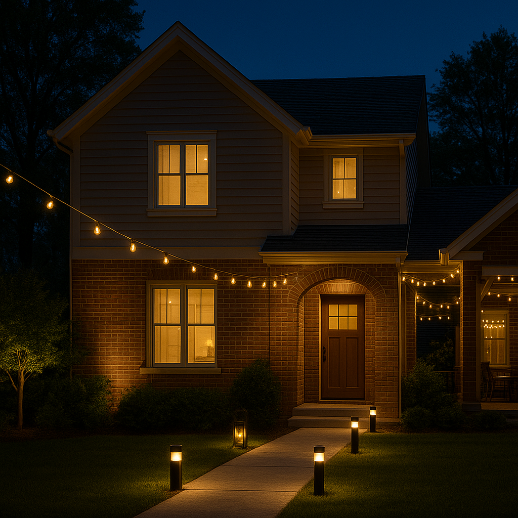 String lights over a home entrance